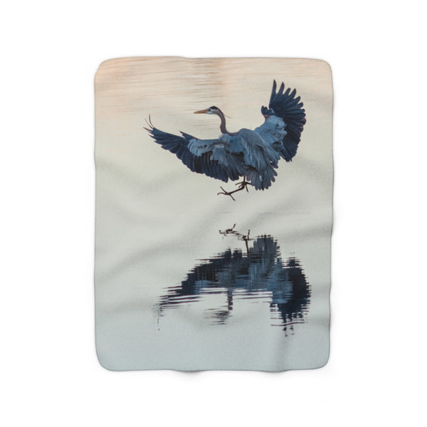Great Blue Heron Coming into Land on Still Waters on a Sherpa Fleece Blanket