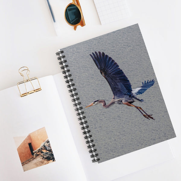 Great Blue Heron Flying Across Water - Spiral Notebook